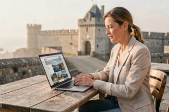 Femme consultant le site OT-Guérande.fr sur un ordinateur portable en terrasse face aux remparts médiévaux de Guérande