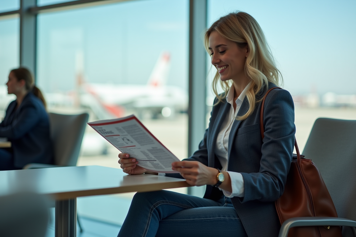 Jeune femme en blazer et jeans dans un lounge aéroport