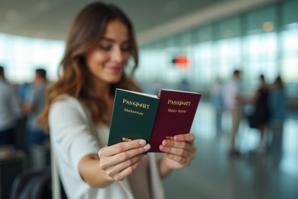 Femme mariée compare ses passeports à l'aéroport