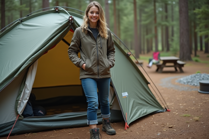 Jeune femme en plein montage de tente en forêt