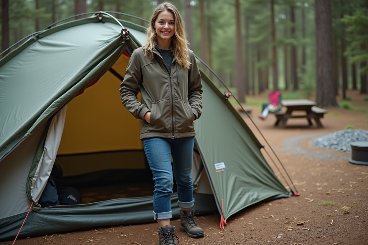 Jeune femme en plein montage de tente en forêt