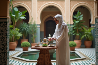 Femme en djellaba servant du thé dans un riad marocain