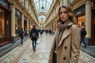 Femme élégante dans la galerie Vivienne avec mosaïque