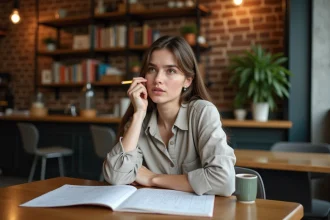 Femme pensive face à une grille de mots croisés dans un café urbain, cherchant une ville ou un pays commençant par une lettre donnée