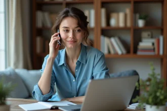 Femme assise à son bureau à la maison avec téléphone