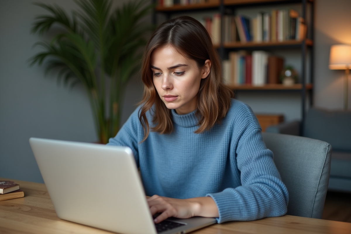 Femme concentrée sur son ordinateur pour réserver un vol