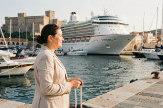 Femme devant un paquebot de croisière amarré au port de Bastia en Corse
