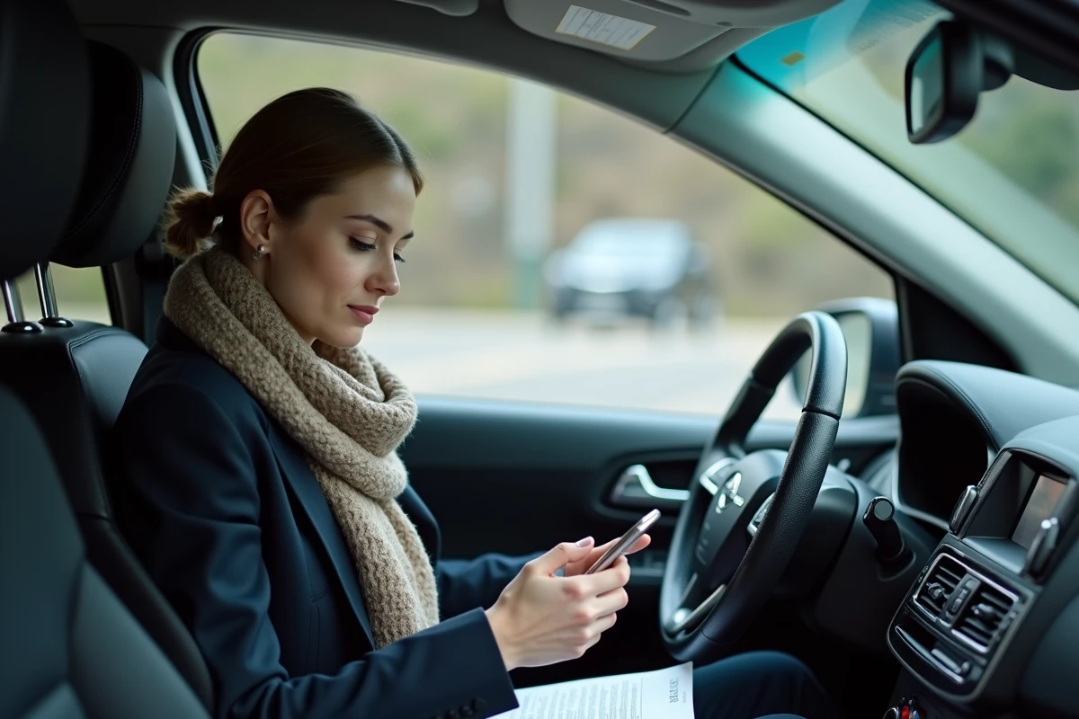 Jeune femme dans sa voiture attendant dans la file Eurotunnel