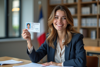 Femme souriante tenant son permis de conduire en France