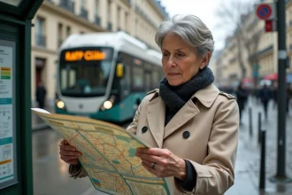 Femme consultant un plan de bus RATP déplié à un arrêt de bus parisien sous un ciel couvert