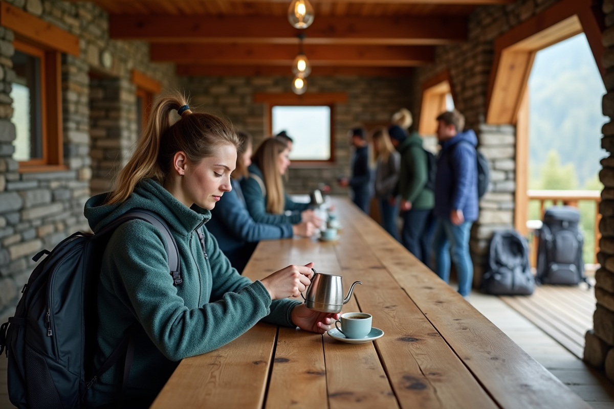 Jeune femme versant du thé dans un refuge de montagne