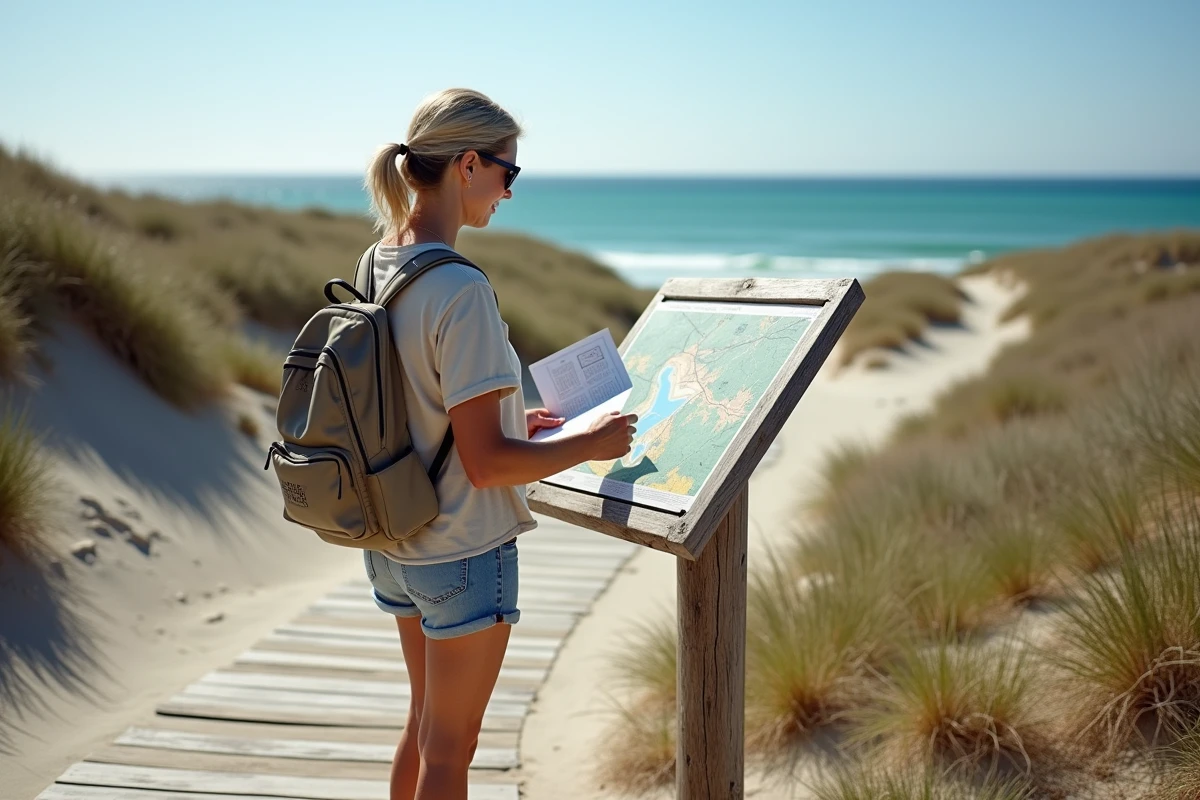 Femme d'âge moyen étudie un panneau de randonnée près de la côte