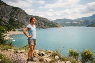 Femme souriante en randonnée au lac de Serre-Ponçon