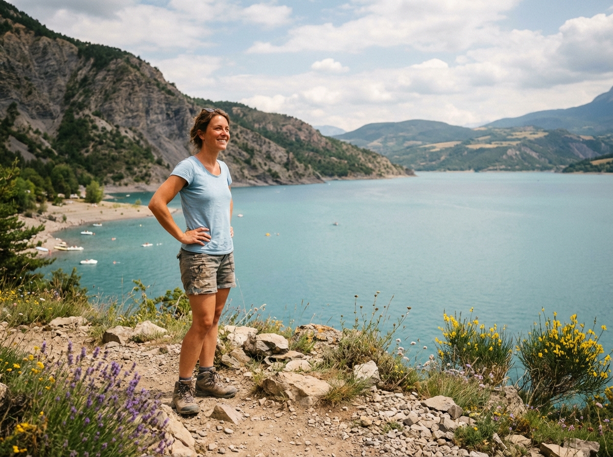 Femme souriante en randonnée au lac de Serre-Ponçon