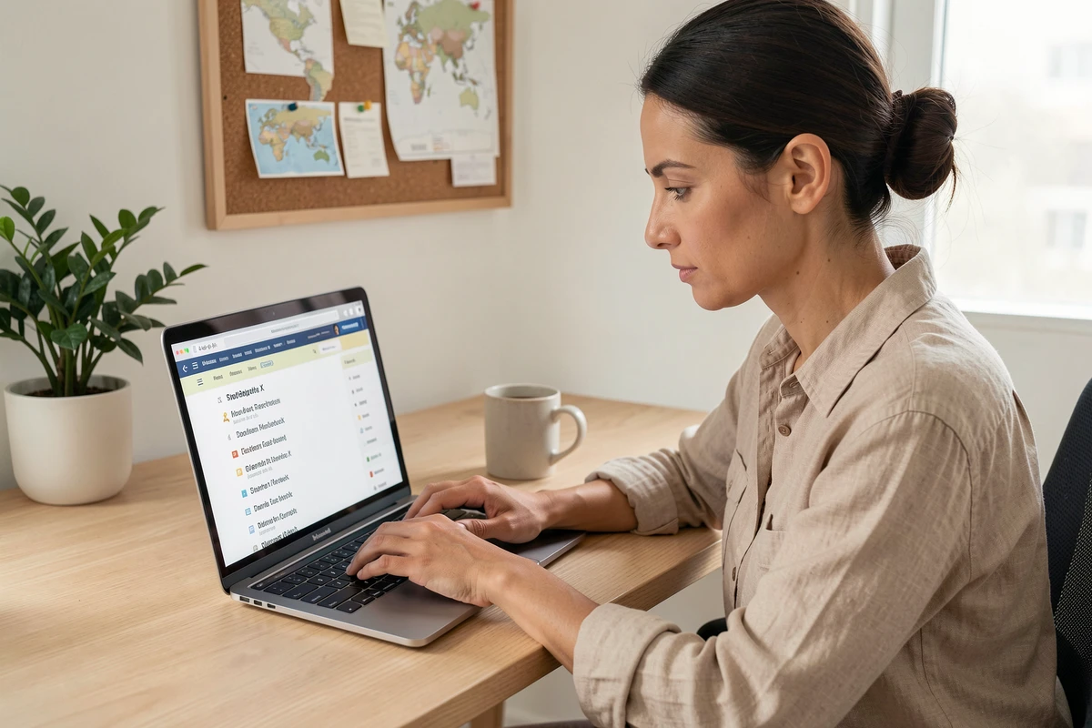 Femme consultant une liste de pays et villes en X sur un ordinateur portable dans un bureau moderne