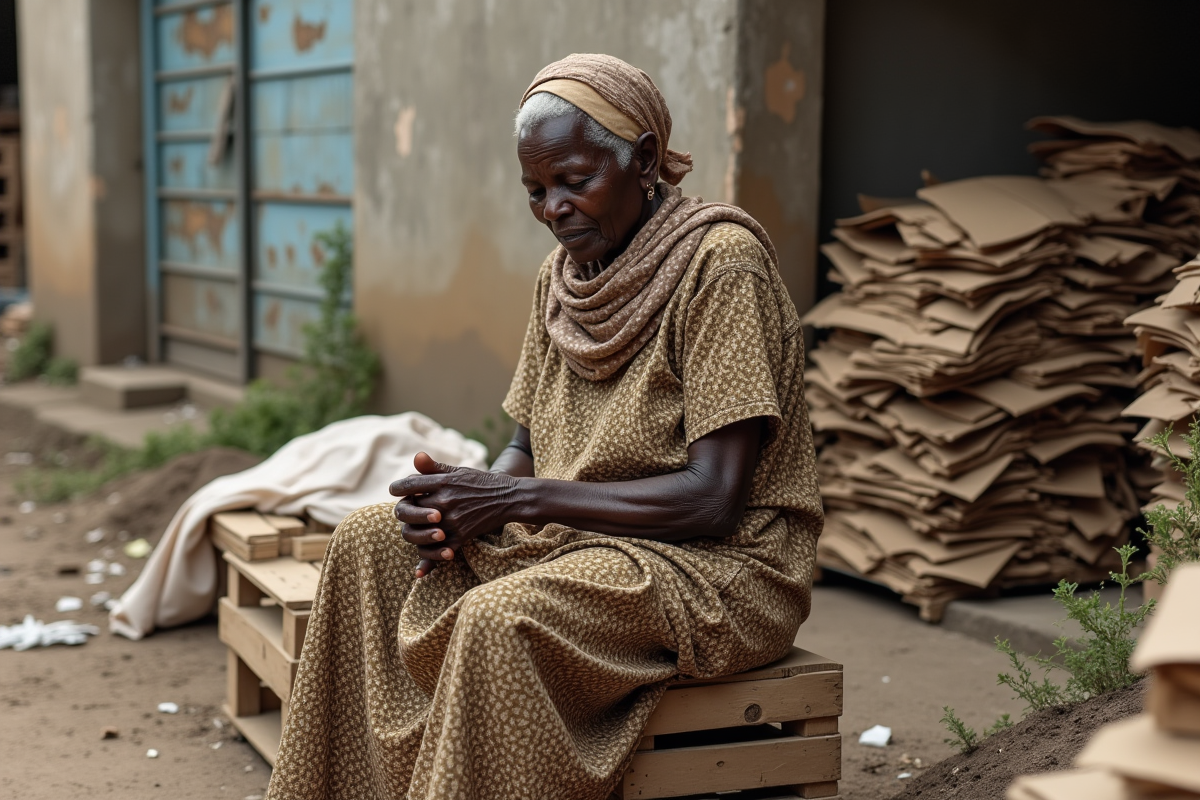 Femme africaine âgée assise près de matériaux recyclés