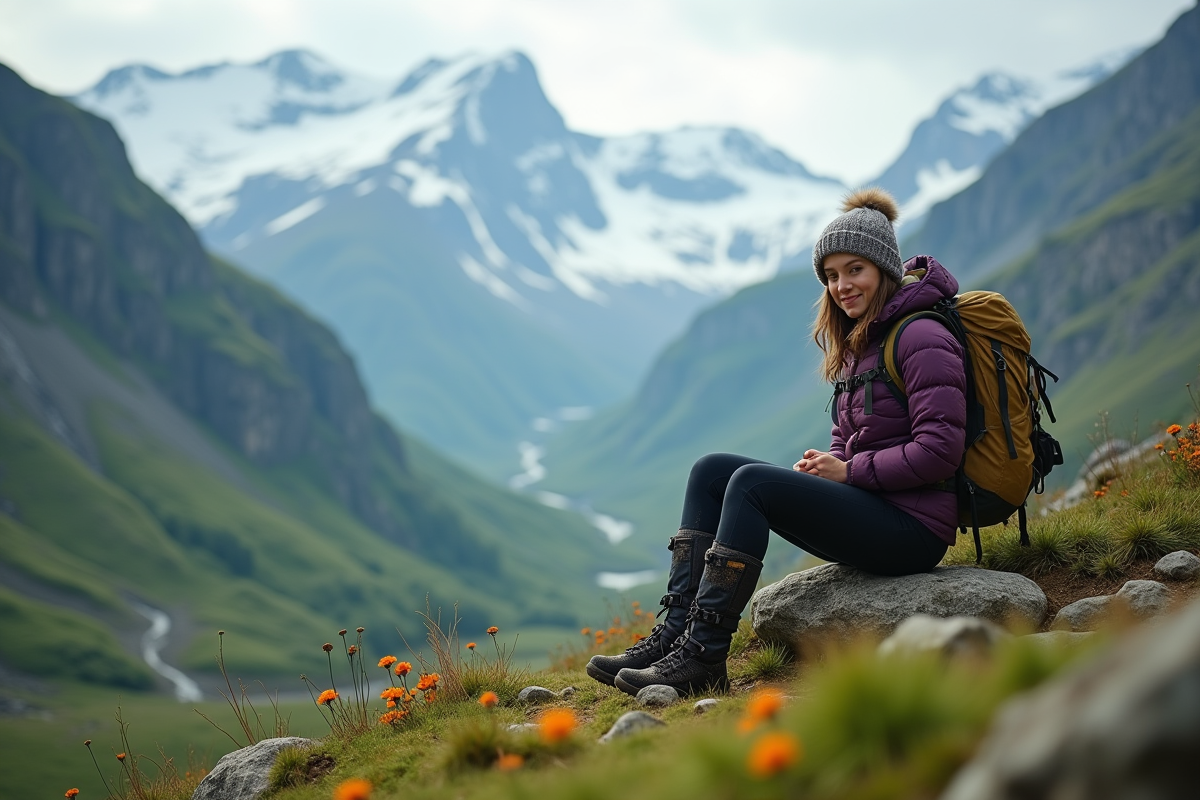 Jeune femme reposant sur un rocher en vallée alpine