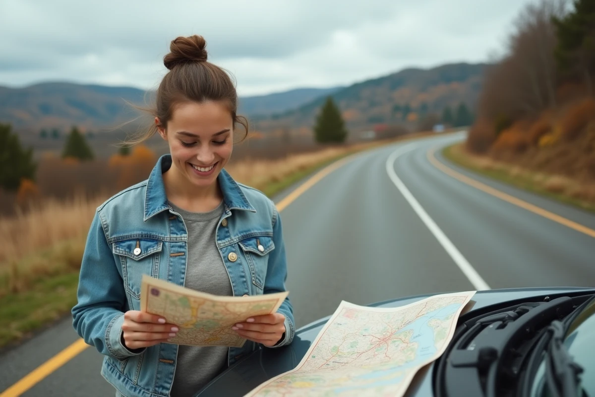 Jeune femme souriante en voyage avec carte sur la route