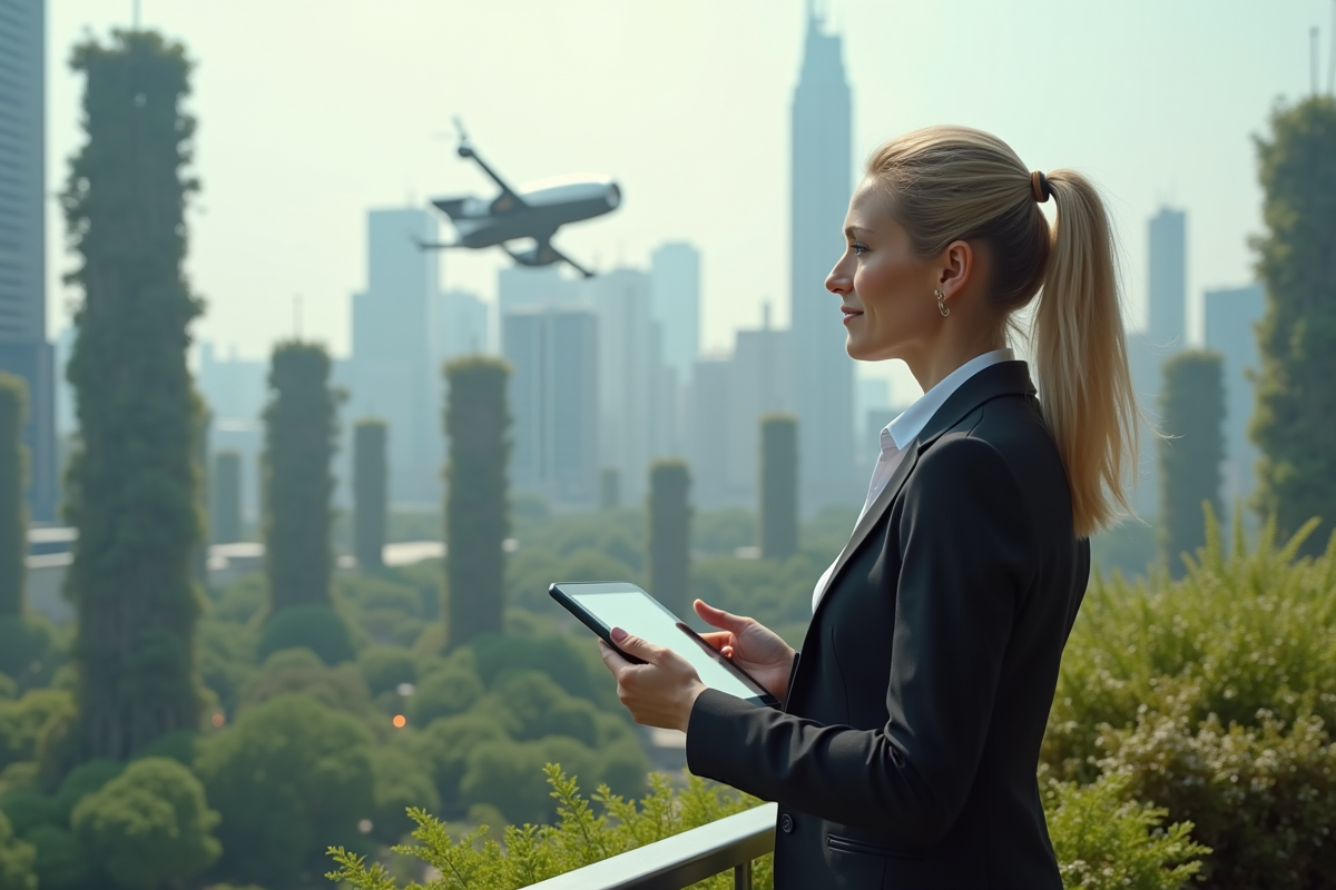 Femme en tailleur sur un rooftop urbain futuriste