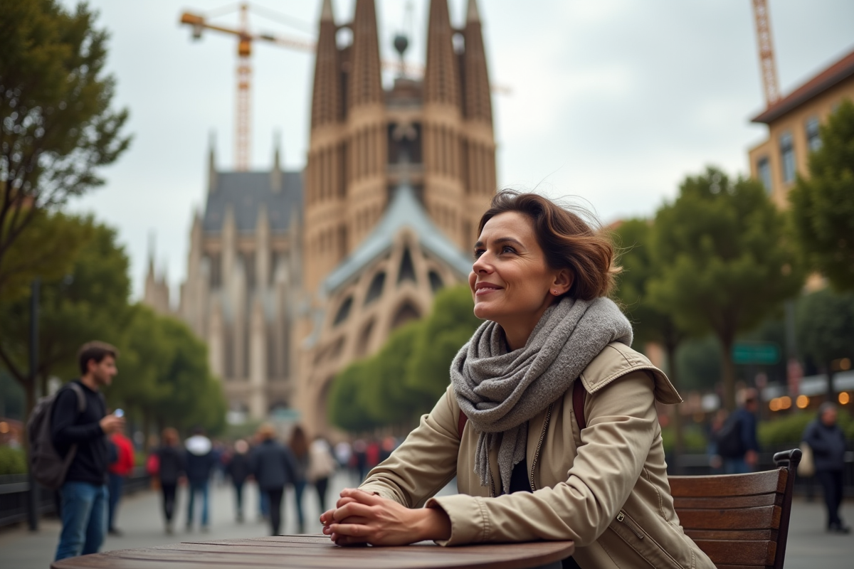 Femme assise devant la Sagrada Familia en contemplant la cathédrale