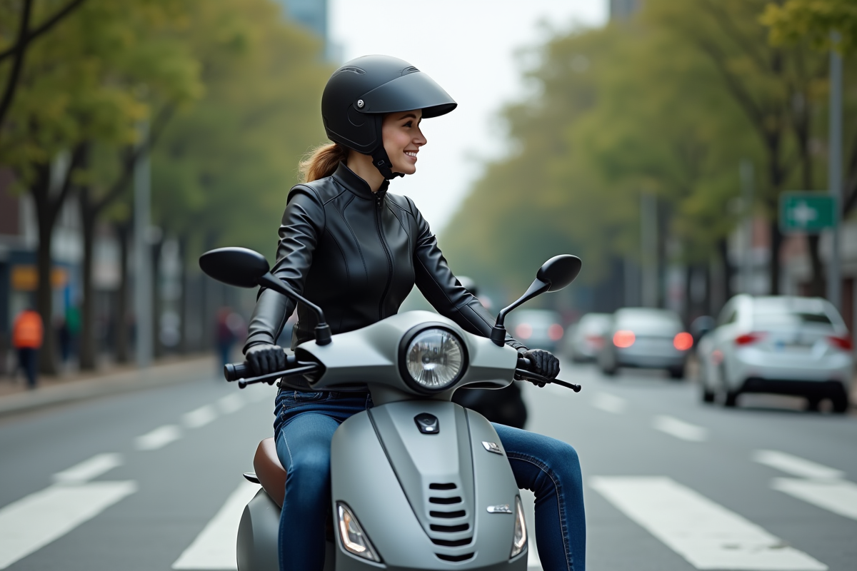 Femme en scooter urbain saluant un motard