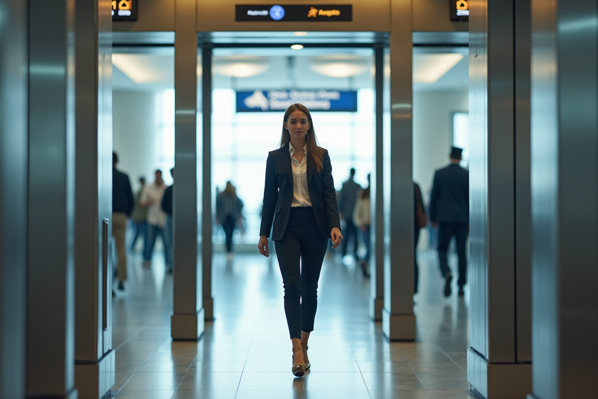 Femme passant sous une arche de securite a l aéroport