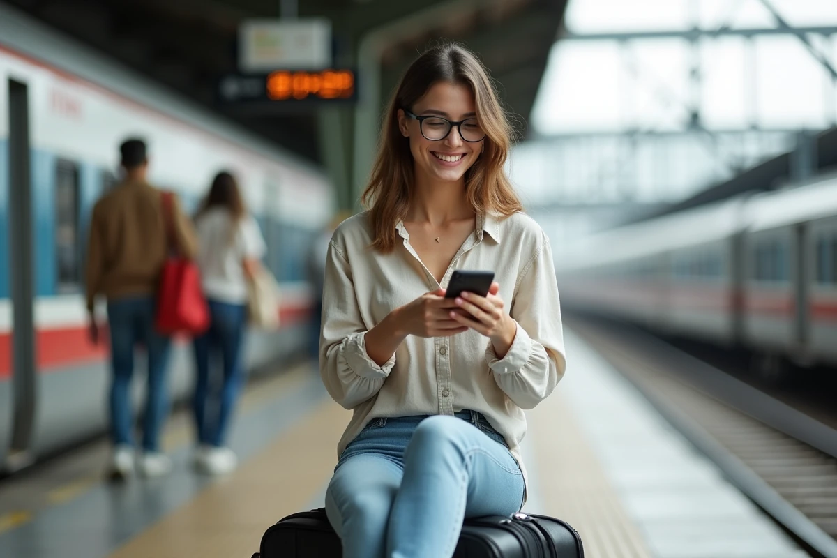 Jeune femme souriante avec valise à la gare en voyage