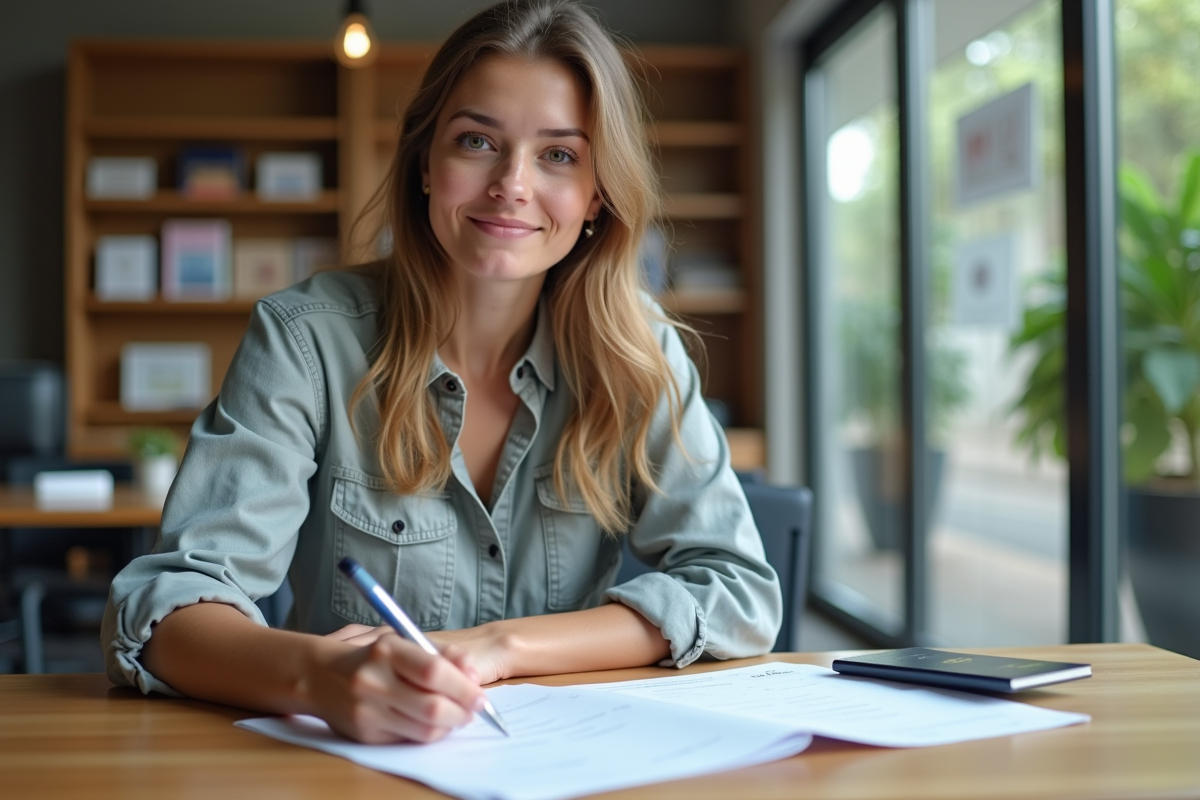 Jeune femme en voyage travaillant à un bureau lumineux