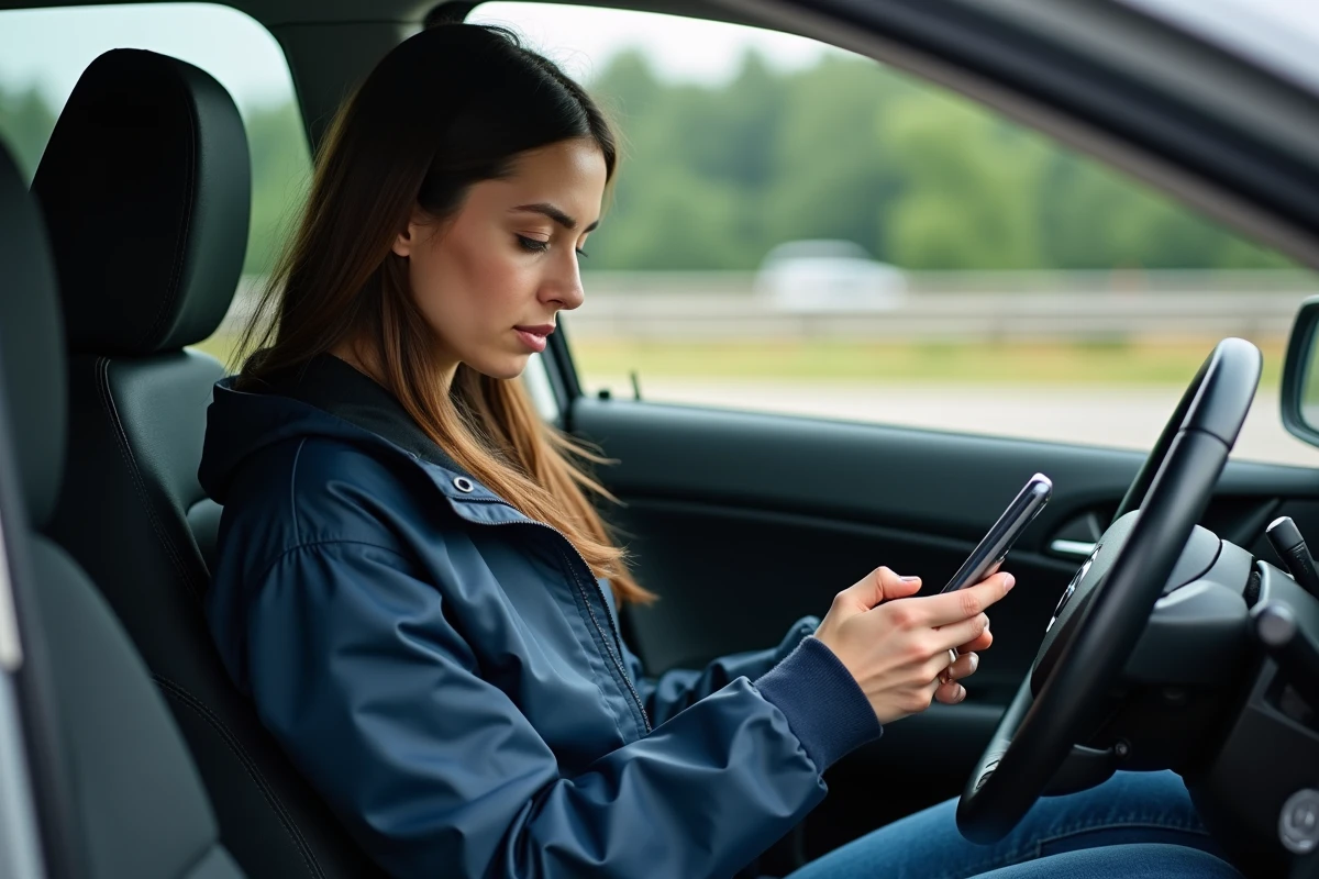 Femme en voiture regardant son smartphone lors d'un arrêt