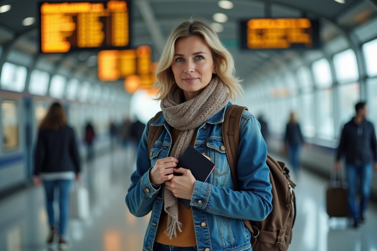 Femme voyageant en station de train avec passeport et documents