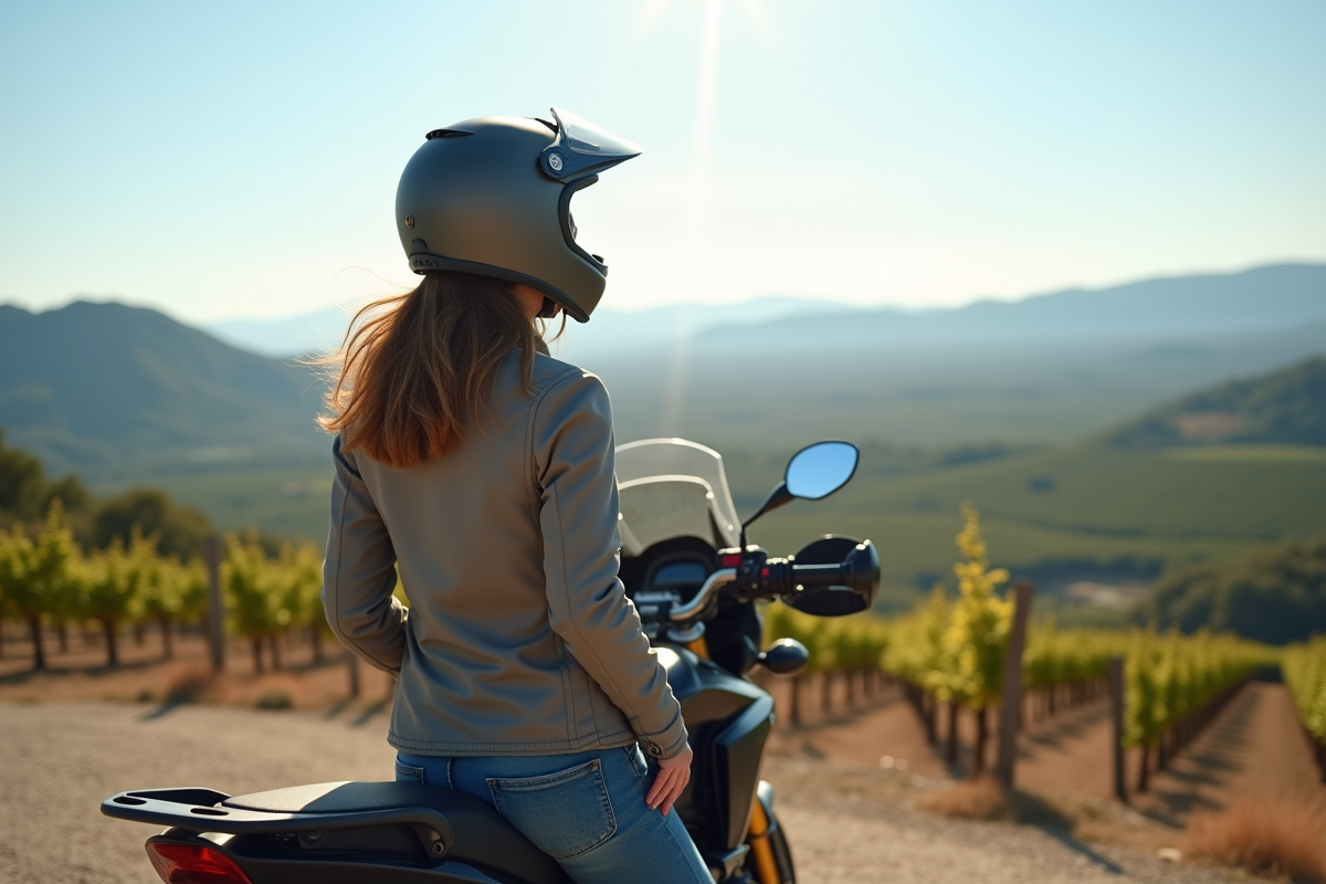 Femme en moto au scenic surplomb en Provence