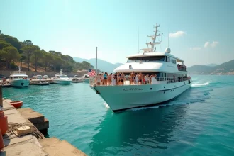 Ferry blanc quittant le port de Toulon en direction de l'île de Porquerolles, avec des touristes sur le pont et la mer Méditerranée turquoise en arrière-plan