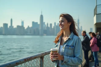 Femme souriante sur le ferry de Staten Island avec vue sur le skyline de Manhattan en arrière-plan