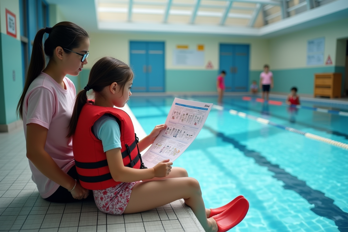 Fille en gilet de flottabilité regardant une fiche de sécurité dans la piscine