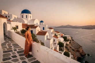 Village de Folegandros au coucher du soleil avec architecture cycladique blanche et dôme bleu cobalt sur une falaise surplombant la mer Égée