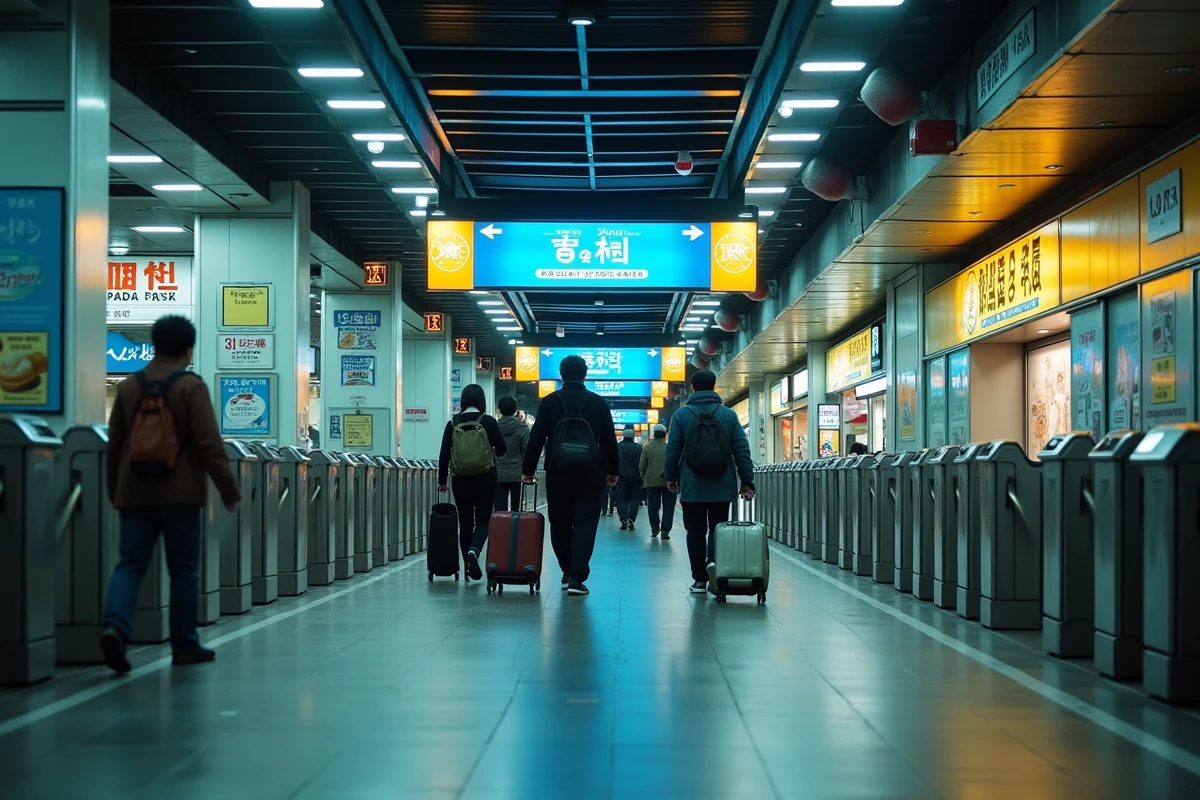 Couloir principal de la gare de Shinjuku la nuit avec des voyageurs et des panneaux bilingues de départ