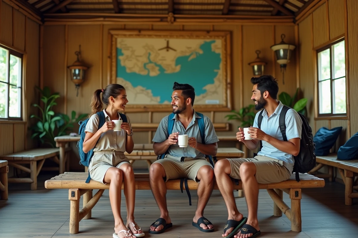 Groupe de backpackers discutant dans une maison d