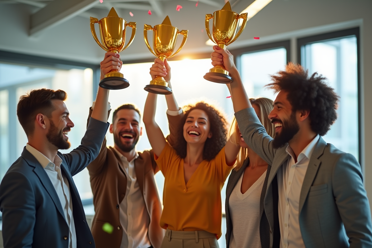 Quatre personnes souriantes avec trophées en forme d étoile