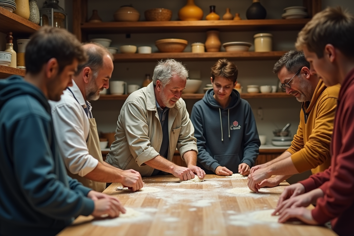 Groupe de touristes en cuisine rustique en train de pétrir