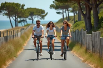 Groupe d'amis à vélo sur l'île de Ré en été