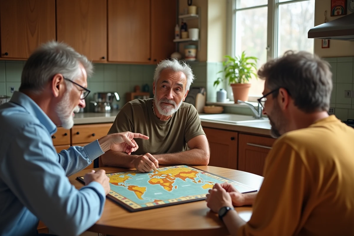 Groupe d'adultes jouant à un jeu de société géographique autour d'une table de cuisine, débattant de villes et de pays
