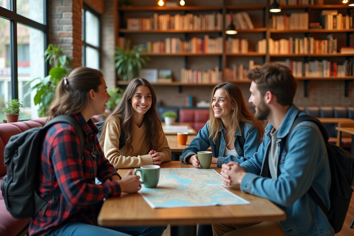 Groupe de jeunes voyageurs discutant dans un lounge convivial