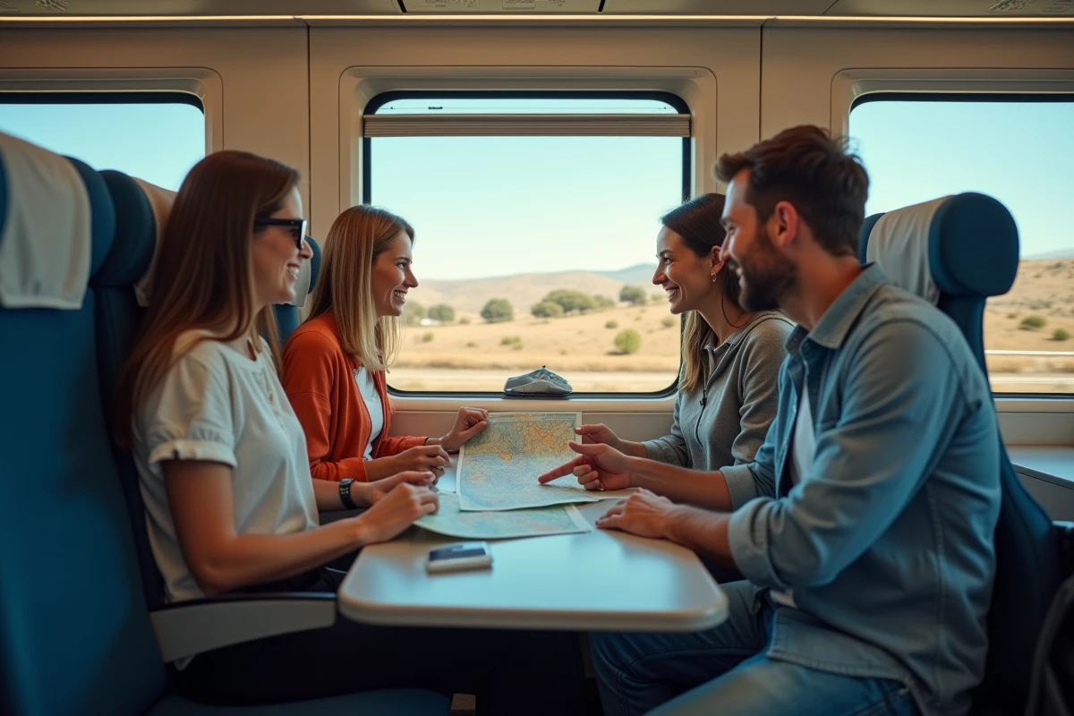 Groupe de voyageurs dans un train à grande vitesse vers l'Espagne, consultant une carte pour aller à un parc d'aventure sans voiture