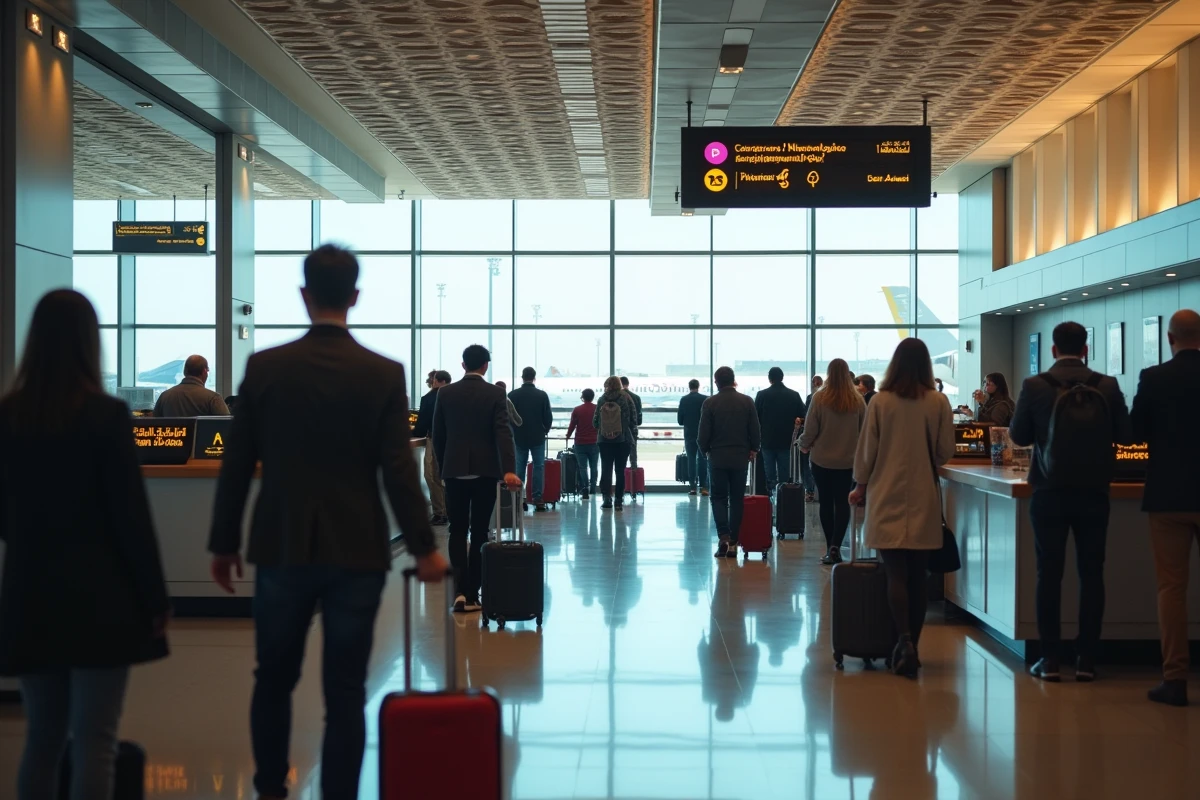 Hall des départs de l'aéroport Al Massira avec voyageurs aux comptoirs d'enregistrement