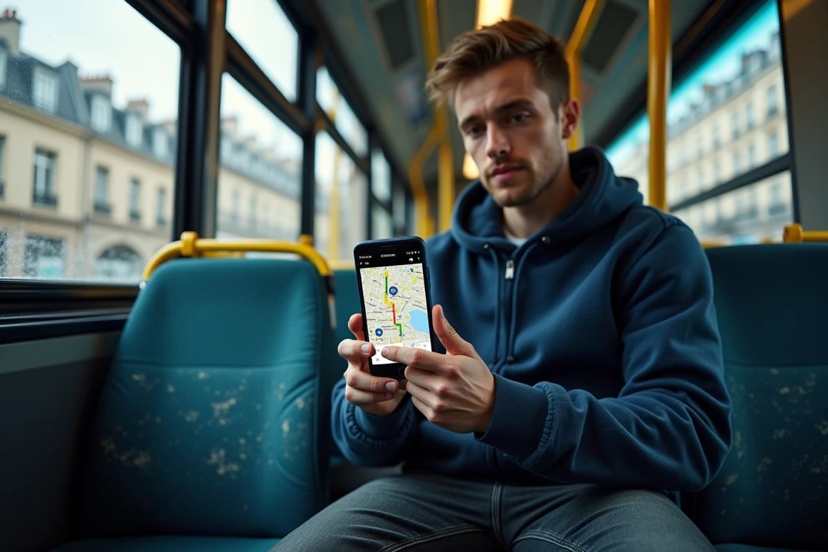 Jeune homme utilisant l'application RATP sur smartphone pour repérer les lignes de bus à Paris
