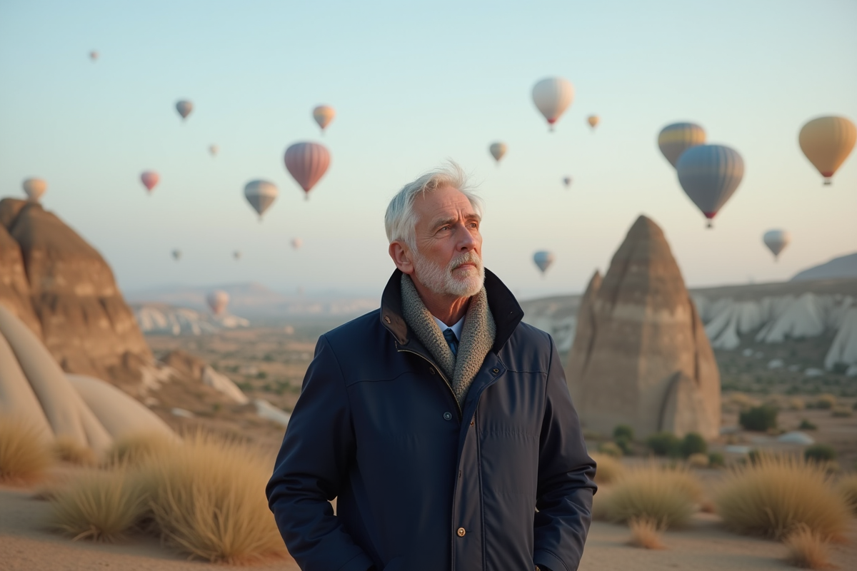Homme regardant les ballons dans le ciel de Cappadoce