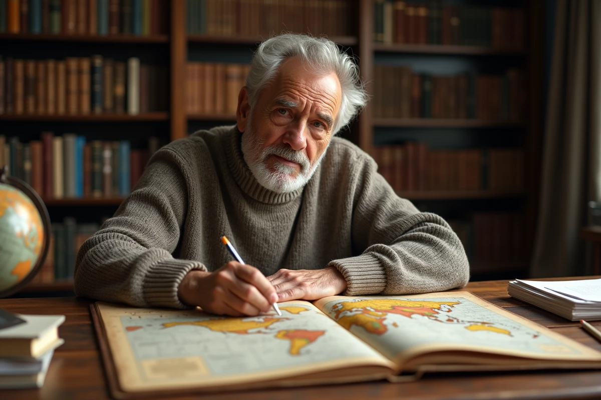 Homme d'âge mûr consultant un atlas vintage dans une bibliothèque personnelle, cherchant un pays ou une ville commençant par une lettre