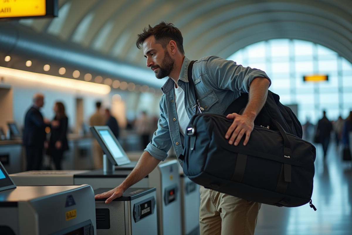 Homme soulevant un sac de voyage à la pesée