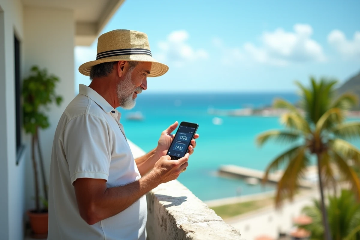 Homme en vacances regardant la mer des Caraibes