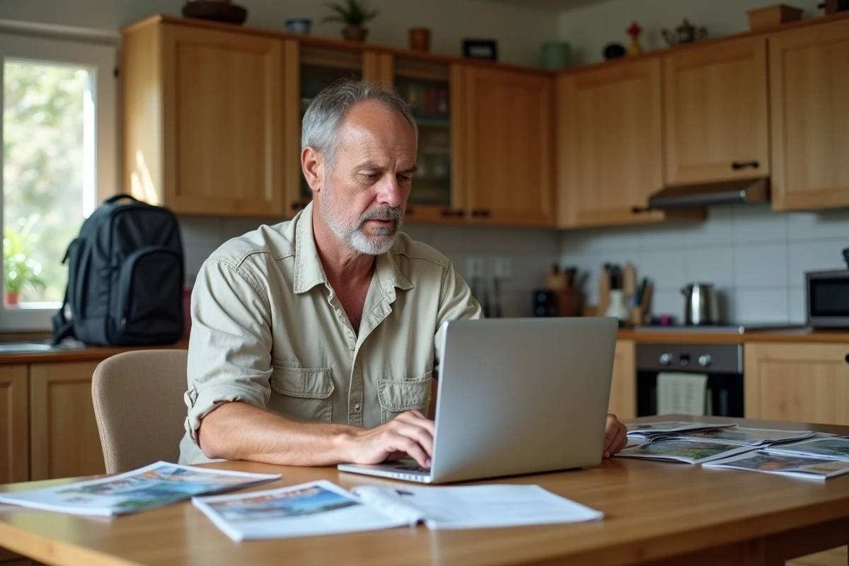 Homme regardant offres de voyage dans sa cuisine